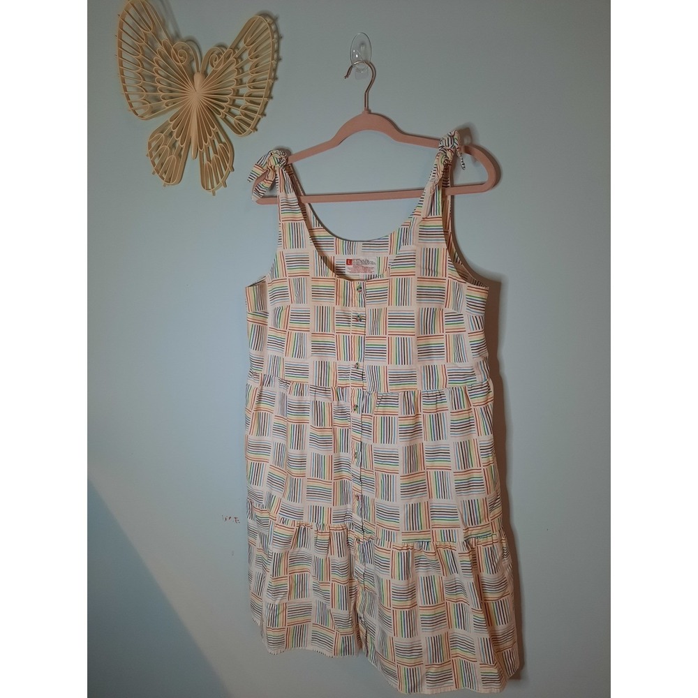 Rainbow Grid Linen Blend‎ Tiered Babydoll Dress Tie Shoulder Sleeveless Large